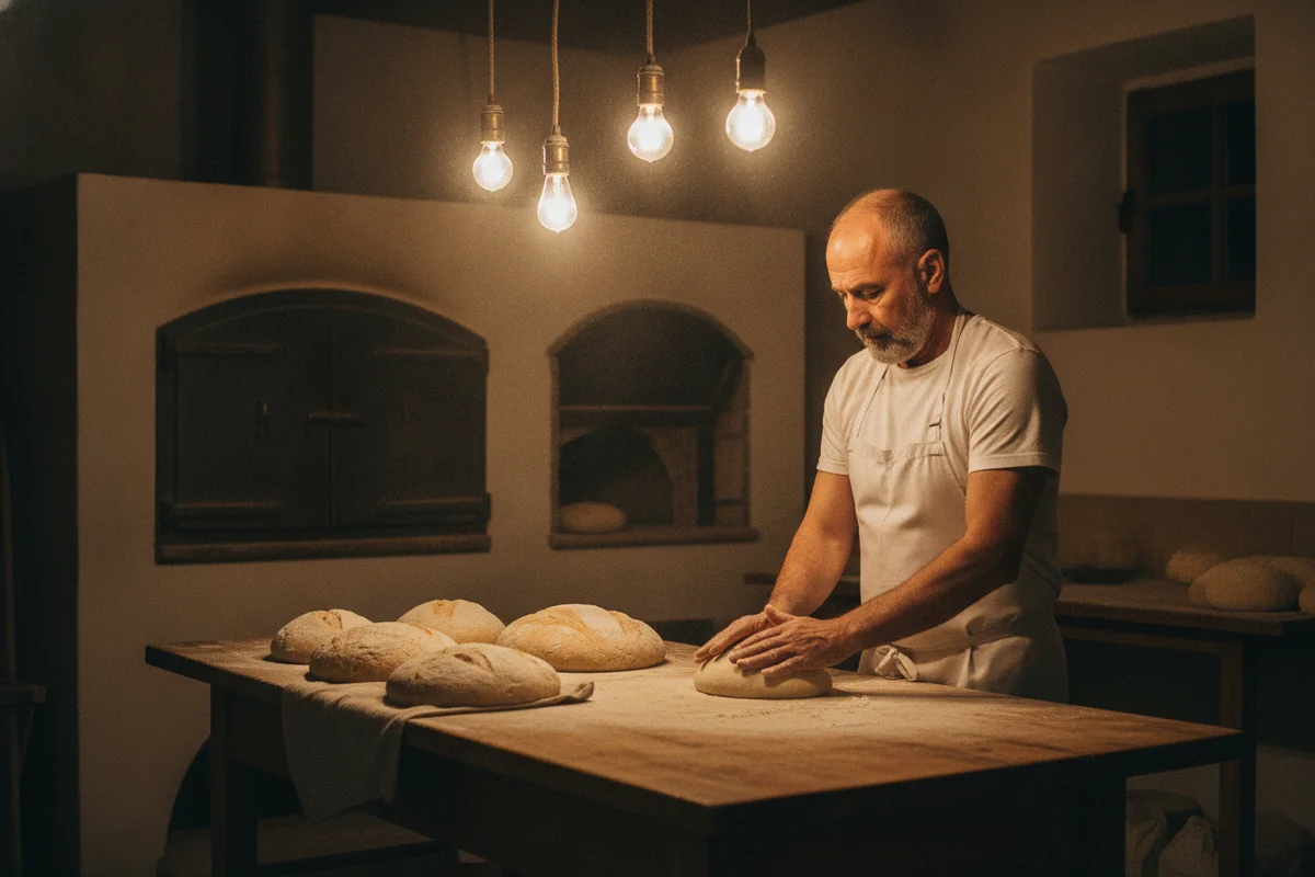 01h01 signification : un boulanger d’une cinquantaine d’années façonne la pâte sur un plan de travail fariné, dans le fournil éclairé en pleine nuit