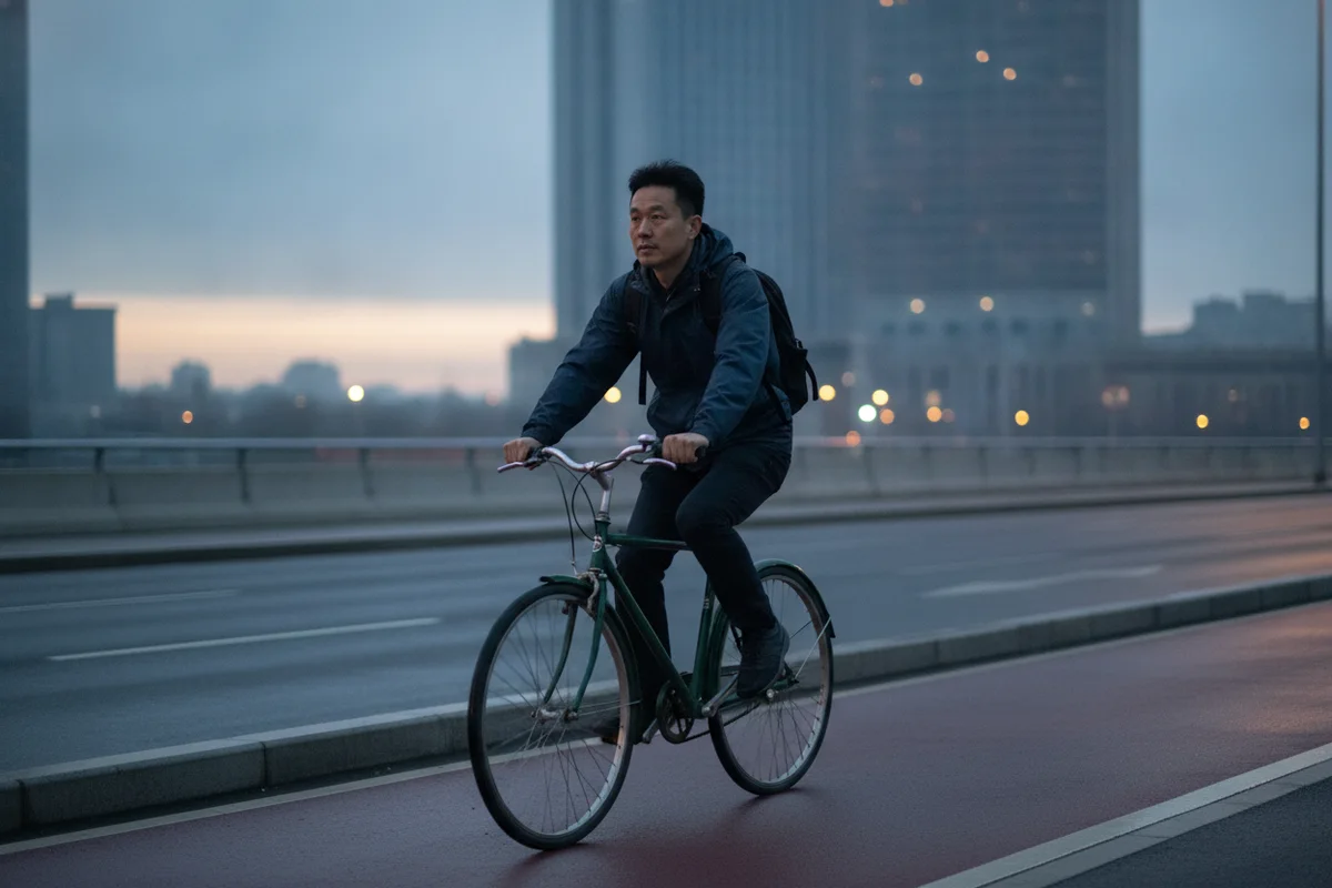 07h07 signification : un homme d’une quarantaine d’années, sac au dos, pédale sur la piste cyclable d’un pont, en ville, à l’aube