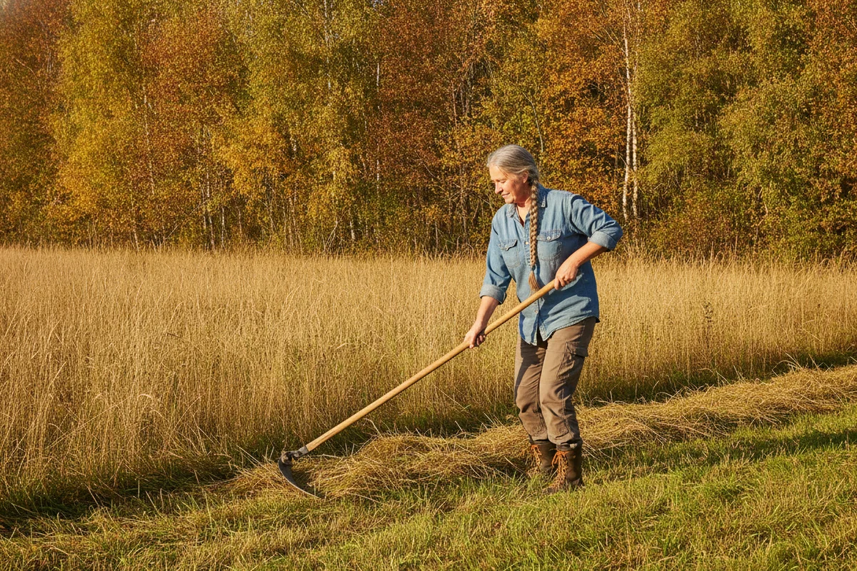 13h13 signification : une femme d’une soixantaine d’années fauche les herbes hautes d’un pré à la faux, au soleil du début d’après-midi