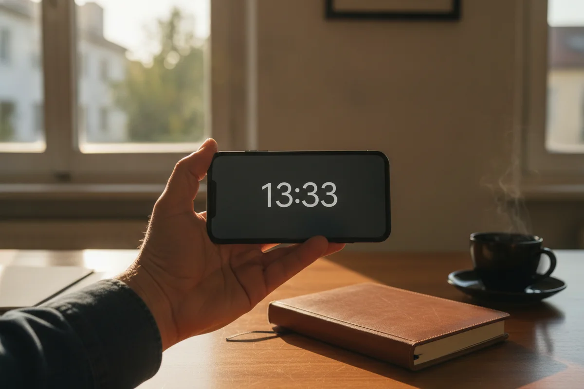 13h33 : l’écran d’un téléphone affiche 13:33 au-dessus d’un bureau, en début d’après-midi