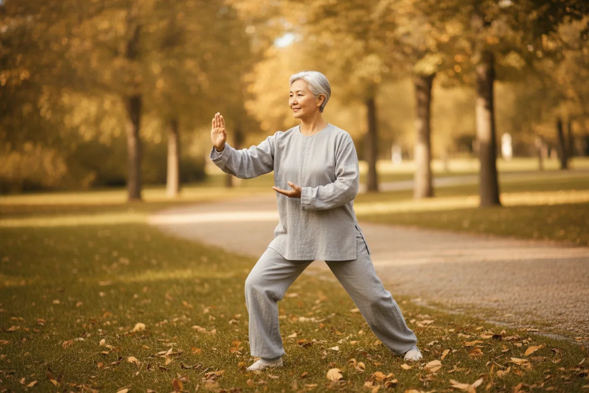 14h41 signification : une femme d’une soixantaine d’années pratique le tai-chi dans un parc, au soleil de l’après-midi