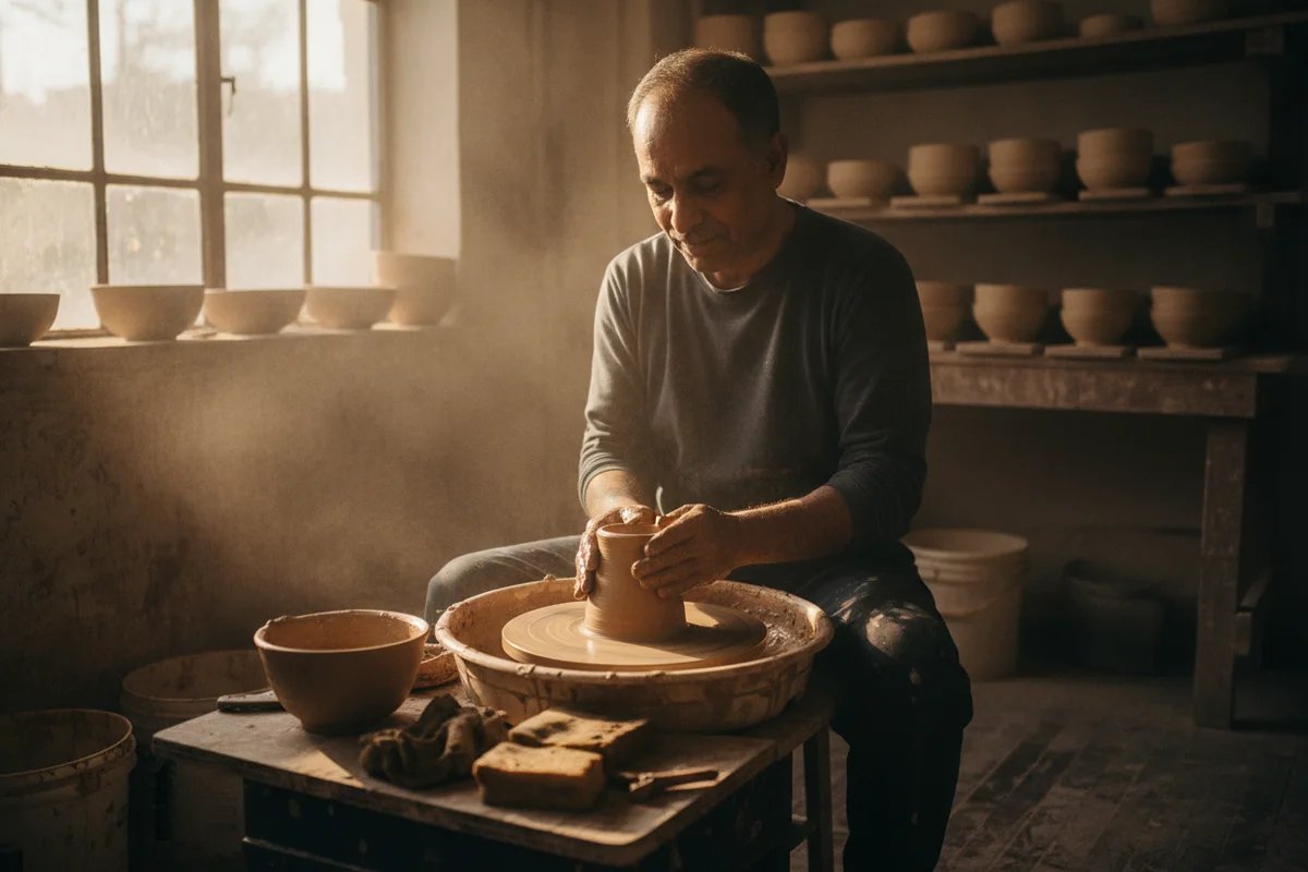14h44 signification : un homme façonne patiemment un pot d’argile sur un tour de potier, dans un atelier baigné de lumière d’après-midi