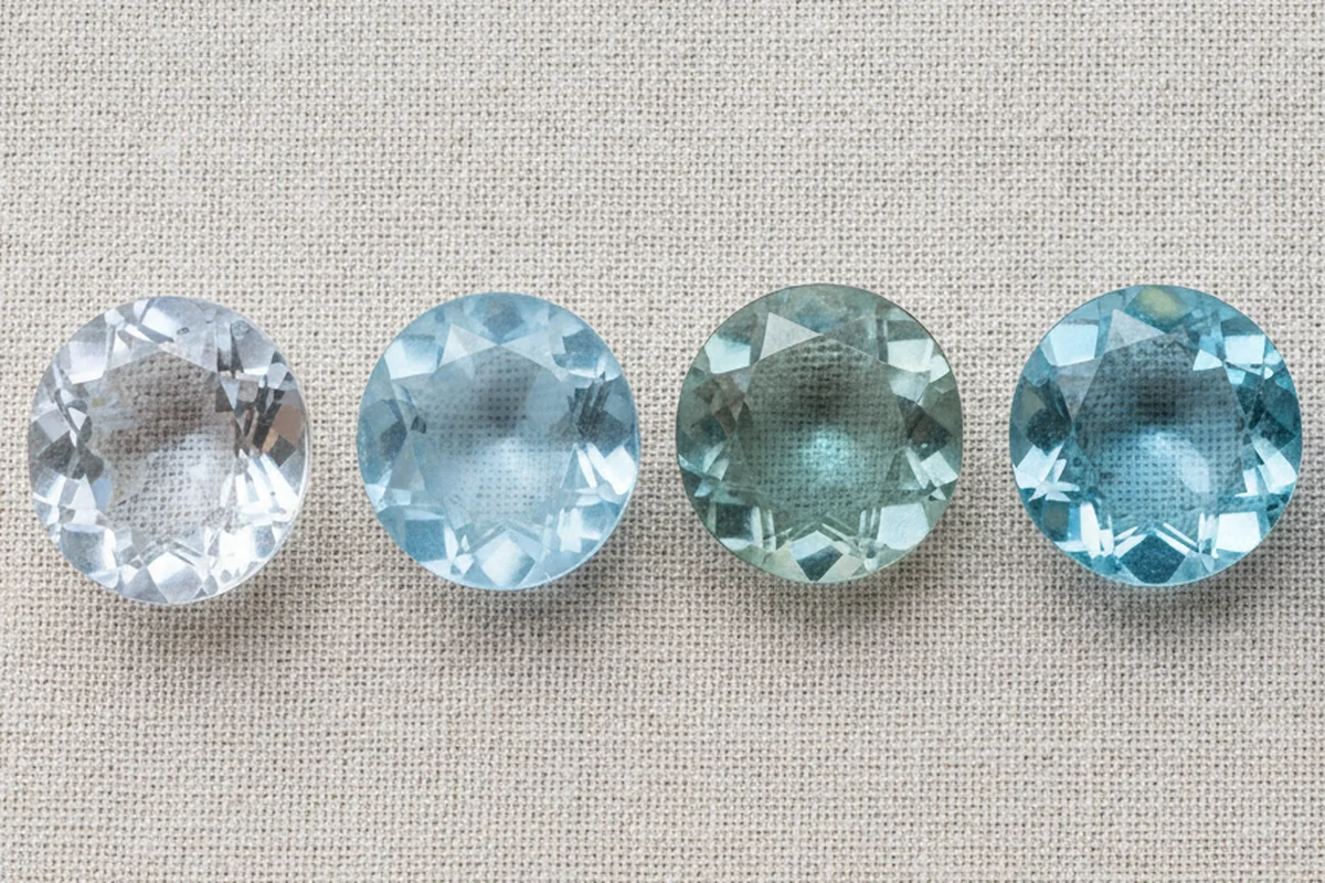 Aigue-marine : quatre pierres taillées alignées sur un tissu de lin clair, de la presque incolore au bleu ciel, en passant par le bleu-vert