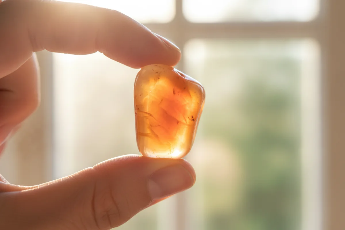 Cornaline : une pierre roulée orange translucide tenue à contre-jour laisse passer une lumière couleur miel