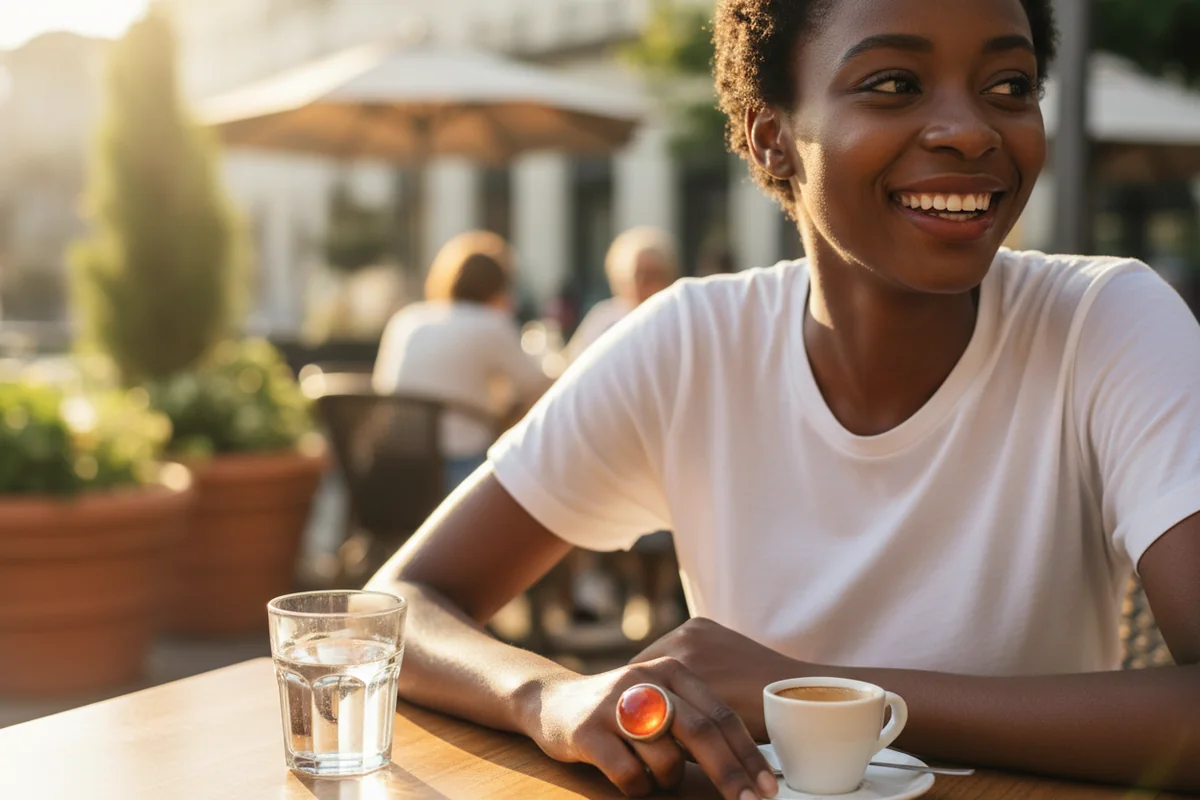 Une jeune femme porte une bague en argent sertie d’une cornaline orange, la main posée sur une table de café
