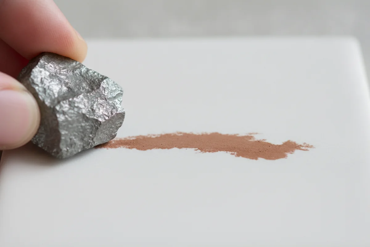 Hématite : une pierre gris métallique frottée sur un carreau de porcelaine blanche laisse une trace rouge-brun