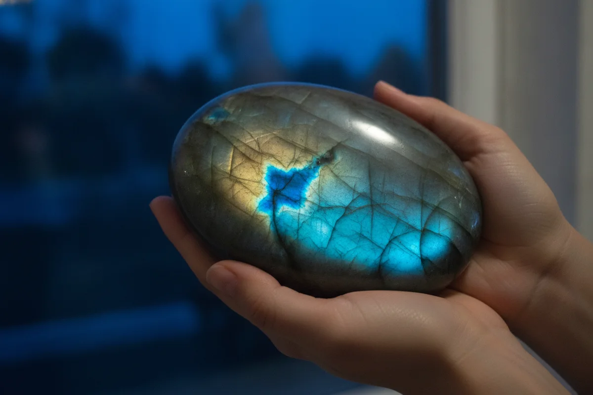 Une grande labradorite polie posée dans deux mains ouvertes, traversée d’un reflet bleu électrique et vert doré