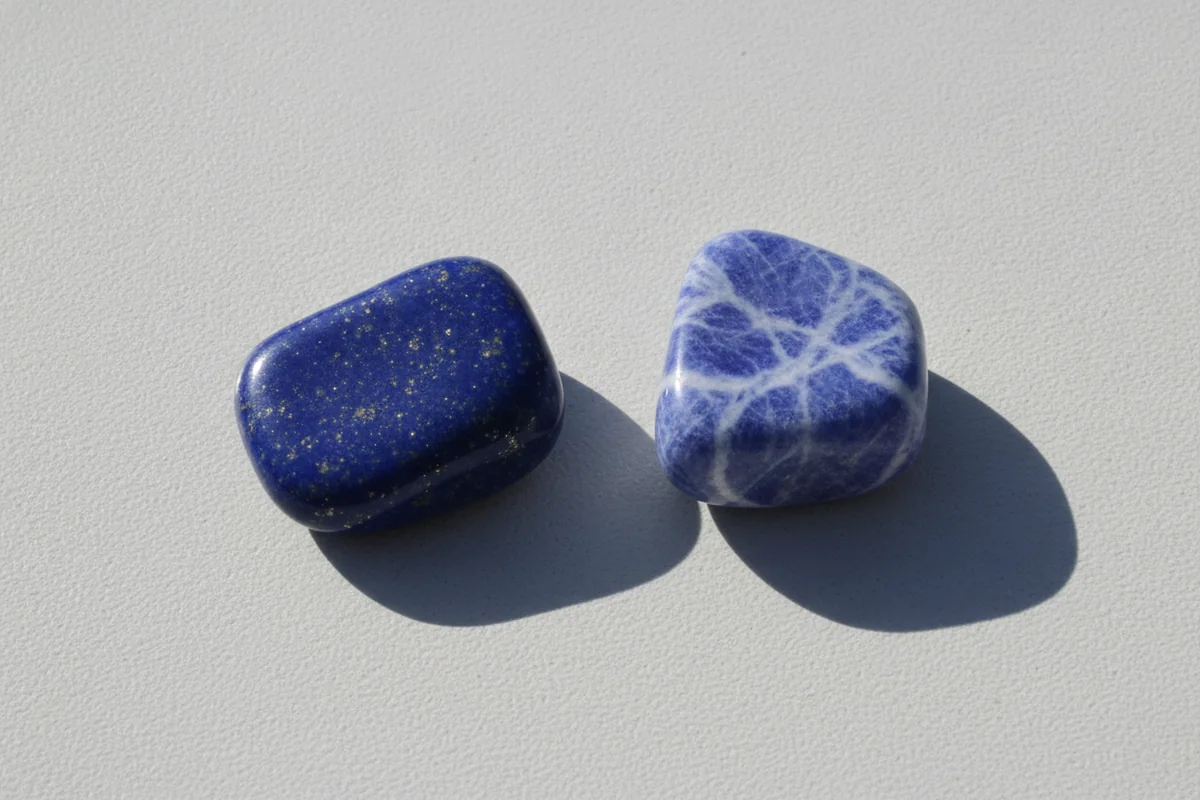 Lapis-lazuli : un galet bleu nuit piqué de points dorés de pyrite posé à côté d’une sodalite bleu violacé veinée de blanc