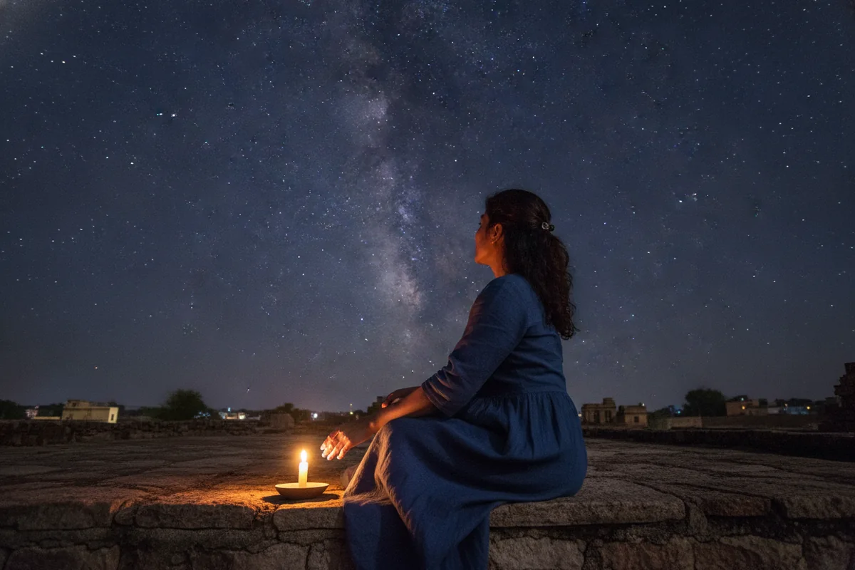 Lune noire : une femme assise sur un muret de pierre, tournée vers un ciel étoilé sans lune où se devine la Voie lactée, une petite bougie allumée à côté d’elle