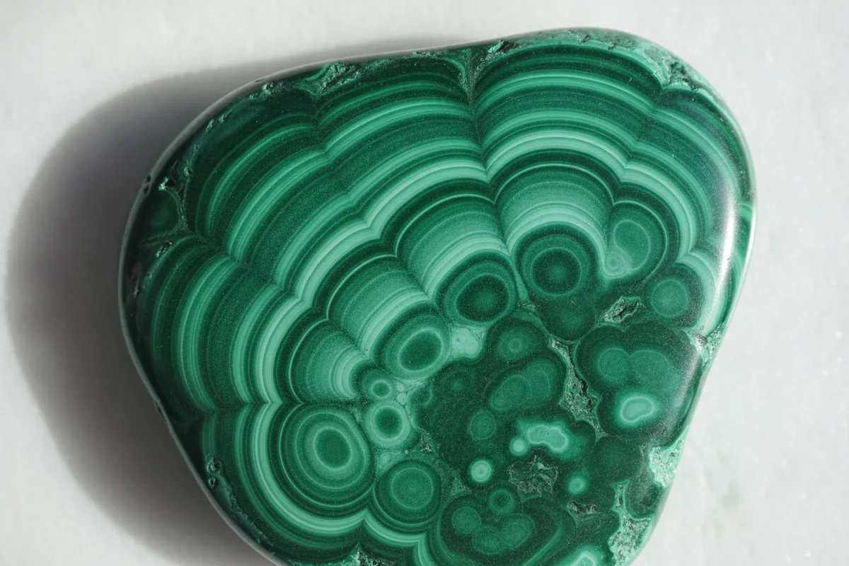 Malachite : une pierre polie montre ses bandes concentriques et ses cercles vert clair et vert foncé