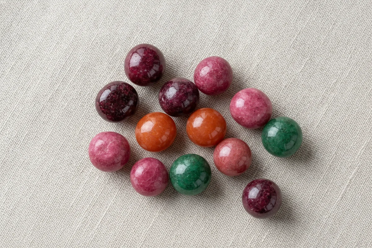 Pierre grenat : de petites pierres polies rouge sombre, rose framboise, orange et vert vif posées sur un tissu de lin clair