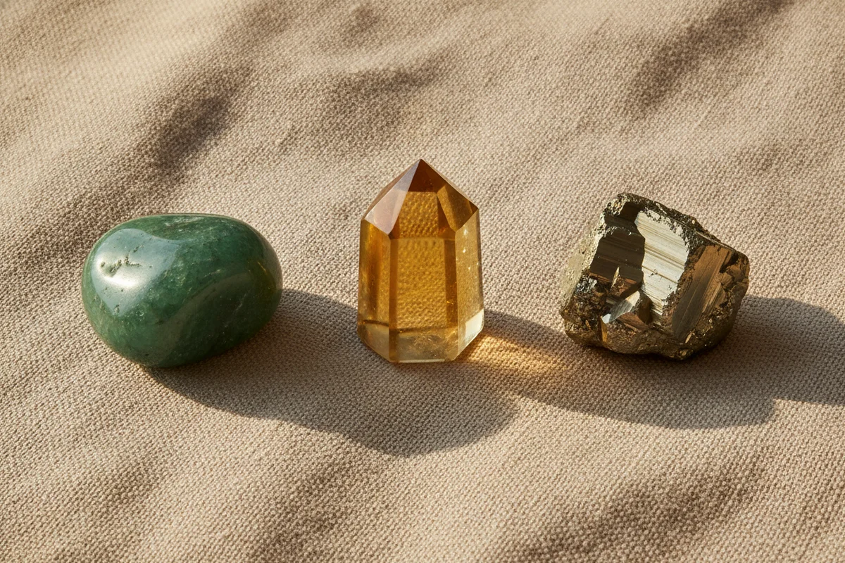 Pierre porte bonheur : aventurine verte, citrine et pyrite dorée posées sur un tissu de lin, à la lumière du matin