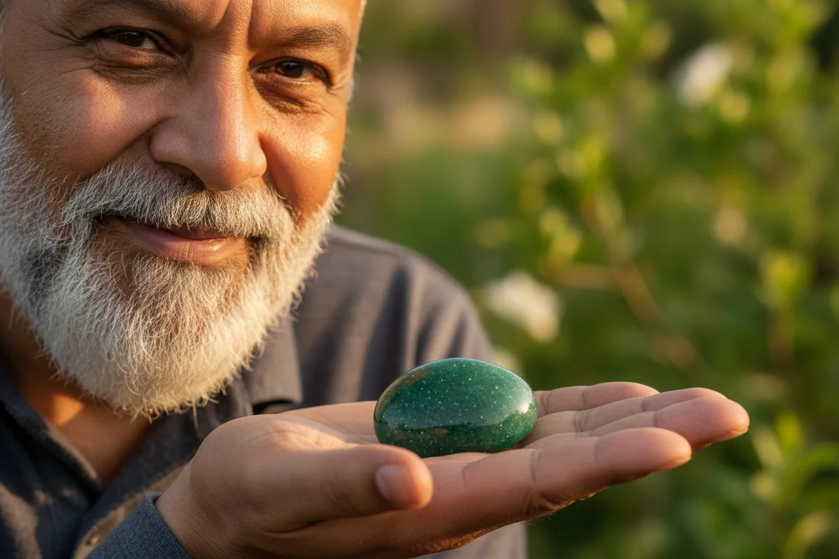 Un homme souriant tient dans sa paume ouverte une aventurine verte pailletée, dans la lumière dorée du matin