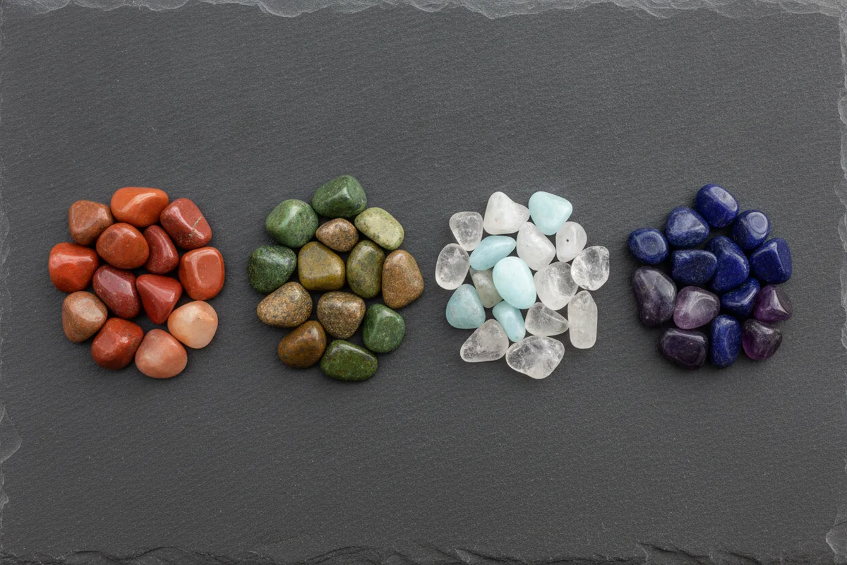 Pierre signe astrologique : quatre petits groupes de pierres sur une ardoise, rouges et orangées, vertes et brunes, claires et bleu pâle, bleu profond et violettes