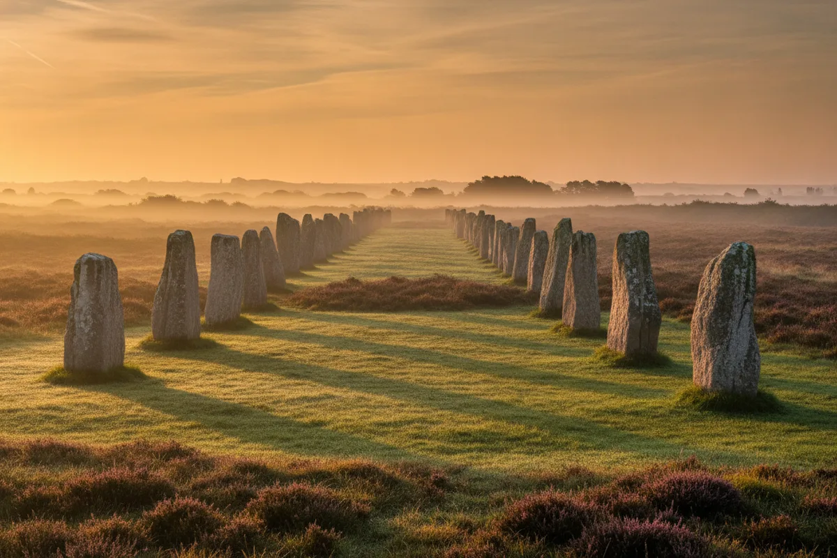 Prénom breton : les alignements de menhirs de Carnac au lever du soleil, deux rangées de pierres dressées dans la lande, la bruyère au premier plan et la brume sur l'horizon