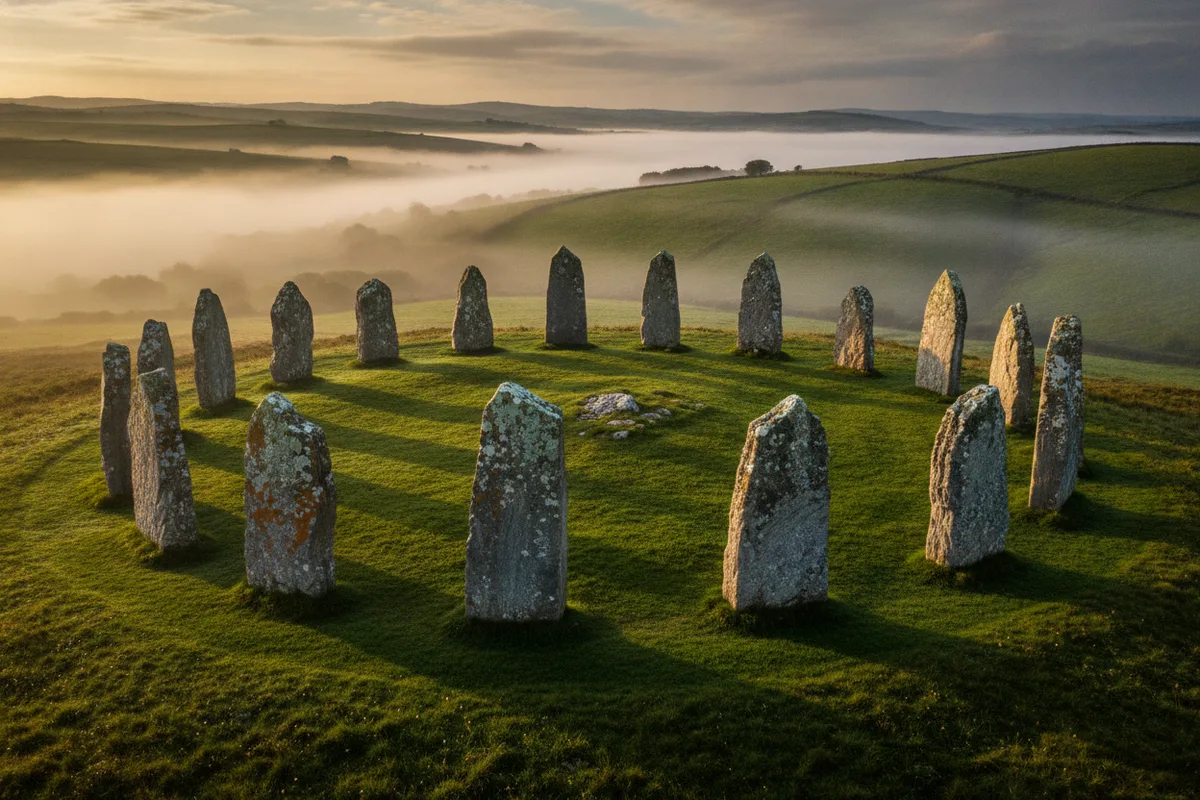 Prénom celte : un ancien cercle de pierres dressées couvertes de lichen sur une colline verte, la brume du matin dans la vallée et la lumière du lever du soleil
