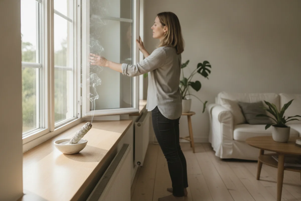 Purifier sa maison : une femme ouvre en grand la fenêtre d’un salon lumineux, un léger filet de fumée de sauge s’échappant d’une coupelle posée sur le rebord