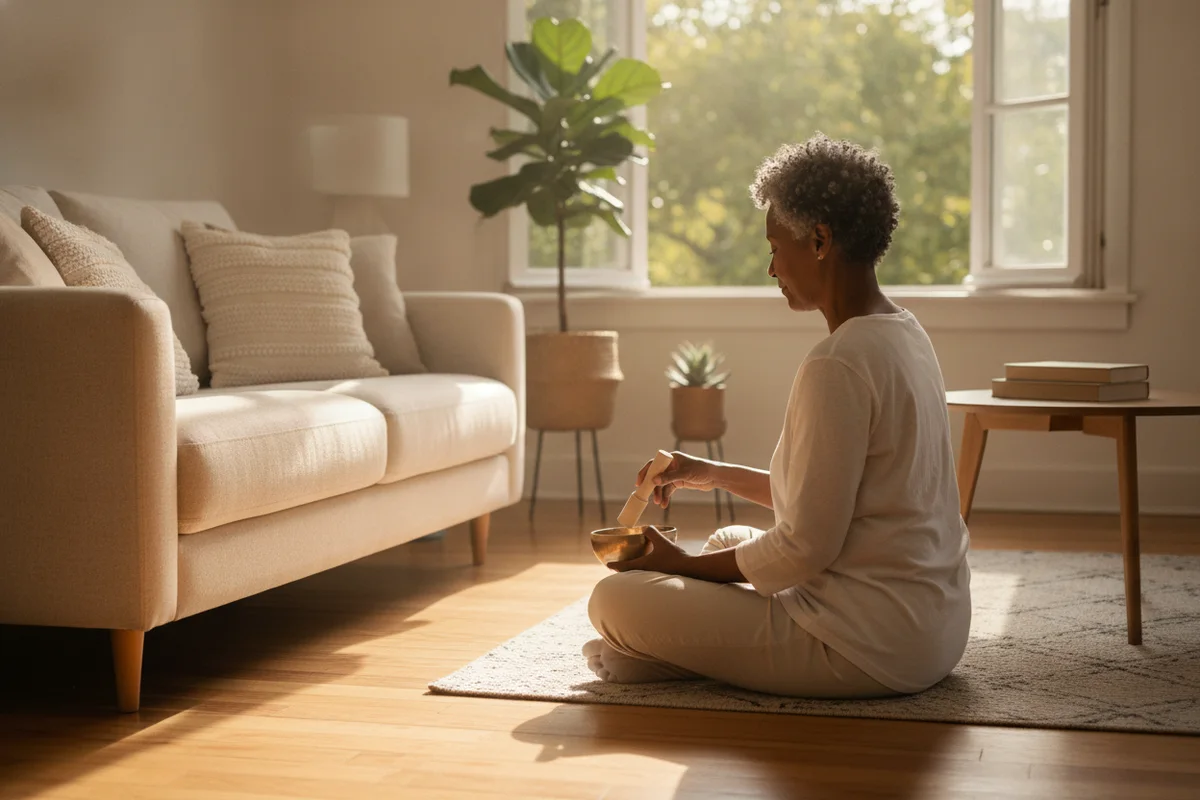 Purifier sa maison : une femme âgée assise sur un tapis fait sonner un bol chantant, dans un salon baigné de soleil