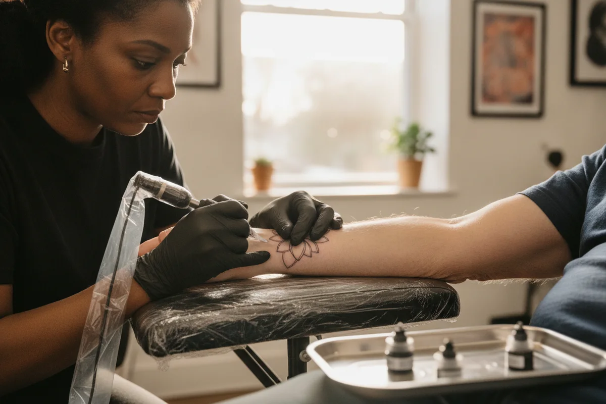 Une tatoueuse gantée de noir dessine une fleur de lotus au trait fin sur l'avant-bras d'un homme, dans un studio lumineux