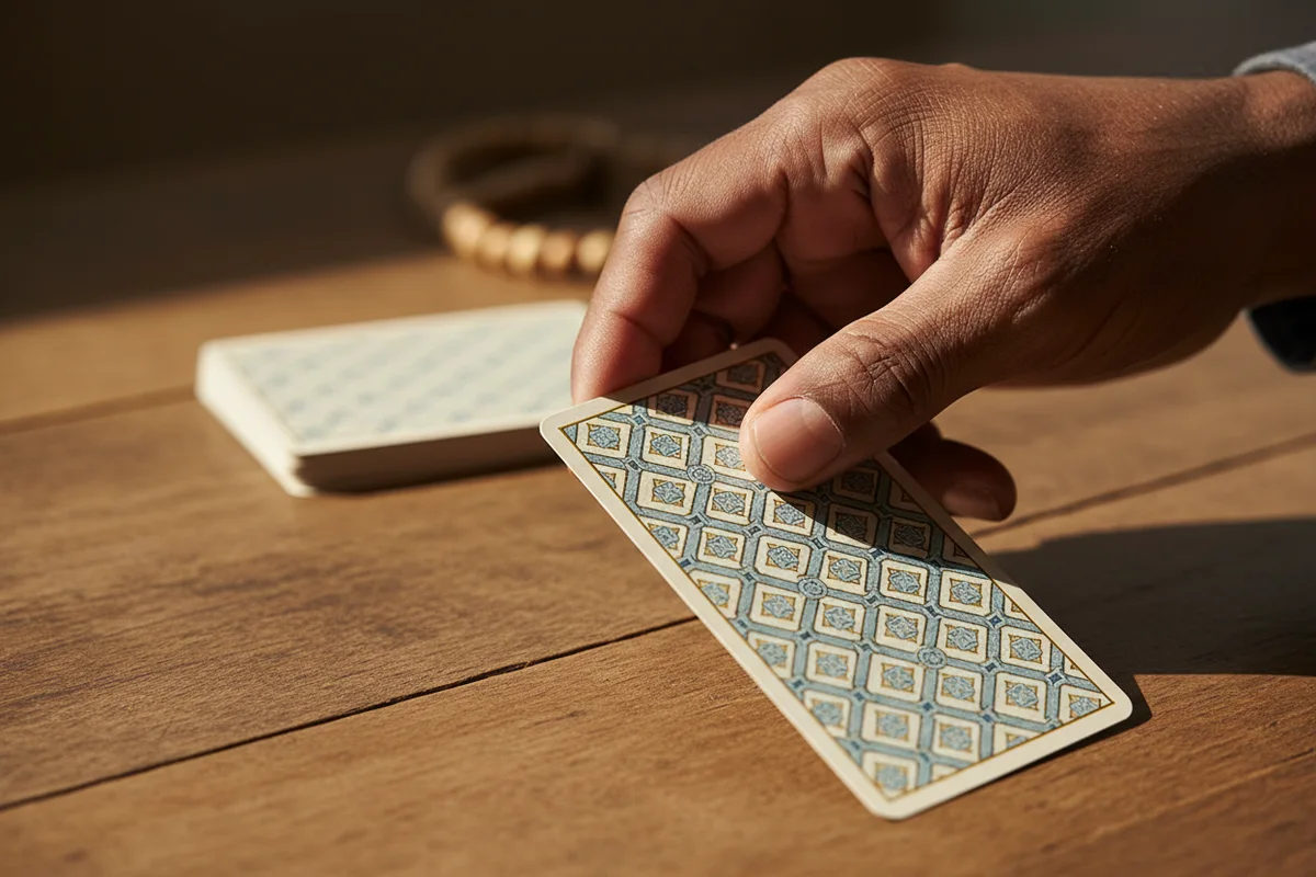 Tarot oui non : une main s’apprête à retourner une carte de tarot face cachée sur une table en bois, à côté du paquet